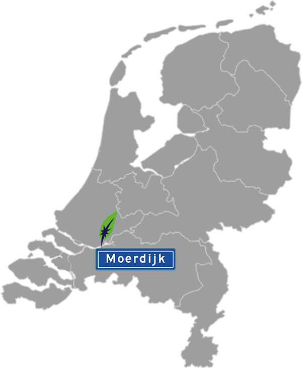 Grijze kaart van Nederland met Moerdijk aangegeven met blauw plaatsnaambord met witte letters en Dagnall veer voor cursus Nederlands - blauw plaatsnaambord met witte letters en Dagnall veer - transparante achtergrond - 600 * 733 pixels